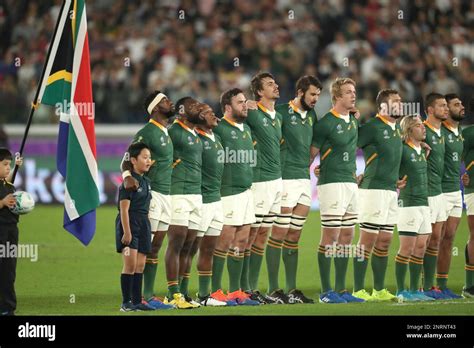 South African team sing a natinal anthem ahead of the Rugby World Cup Final match against ...