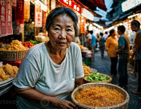 photo of senior old seller woman in china local street market at night, generative AI 34920527 ...