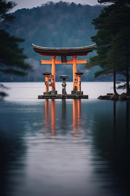 Premium AI Image | a small tori gate sitting at the edge of a lake in ...