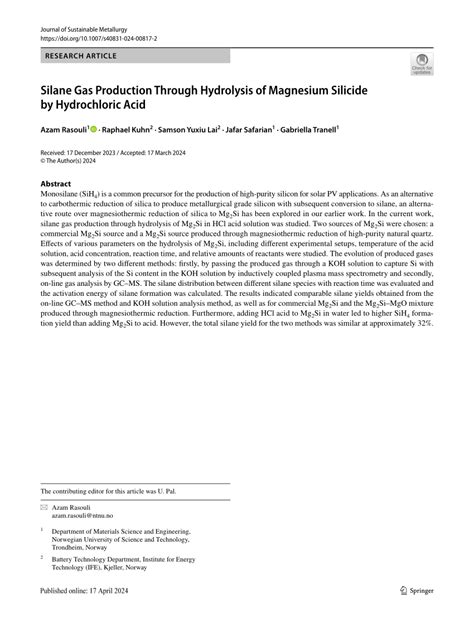 (PDF) Silane Gas Production Through Hydrolysis of Magnesium Silicide by Hydrochloric Acid