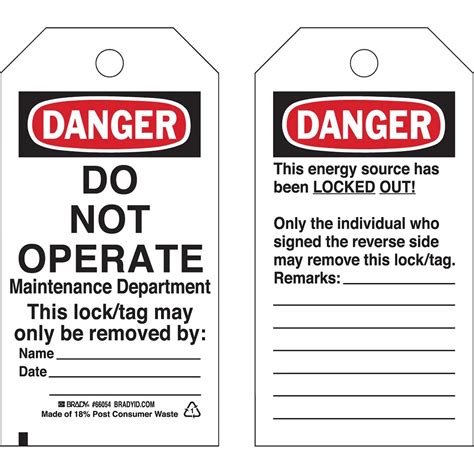 "DANGER: Do Not Operate" Lockout Tag - Cardstock - Holliston's Inc.