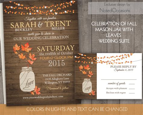 Rustic Fall Wedding Invitation Set Fall Leaves Mason Jar | Etsy