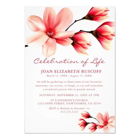 Celebration of Life Pink Magnolia Funeral Invitation | Funeral invitation, Celebration of life ...