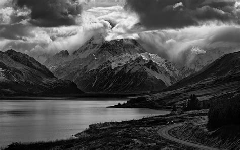 nature, Landscape, Lake, Mountain, Road, Clouds, Monochrome, Scotland, Trees, Snowy Peak, Dark ...