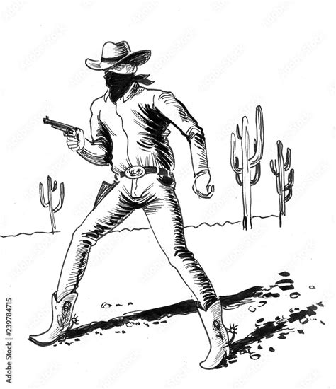 Cowboy with a gun in the desert. Ink black and white drawing Stock-Illustration | Adobe Stock