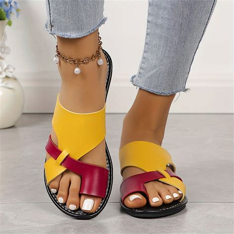 Women's Colorblock Slip On Summer Shoes, Toe Loop Flat Slides,Casual ...