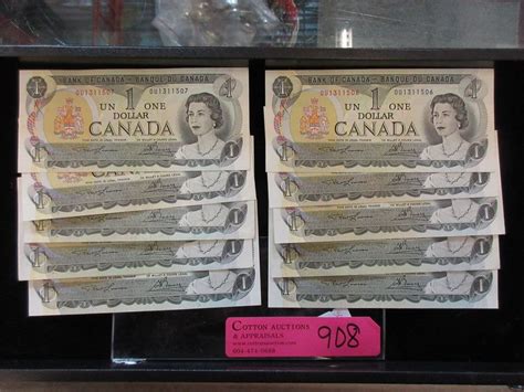 10 Uncirculated Canadian 1973 One Dollar Bills