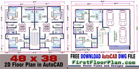 2D Floor Plan in AutoCAD with Dimensions | 38 x 48 | DWG and PDF File Free Download - First ...