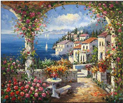 Mediterranean oil painting,Mediterranean View to the Sea 1