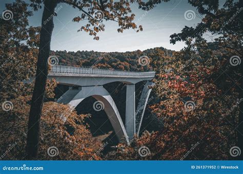 Colorful Trees Around the Double Arch Bridge in Tennessee Under Sunset ...