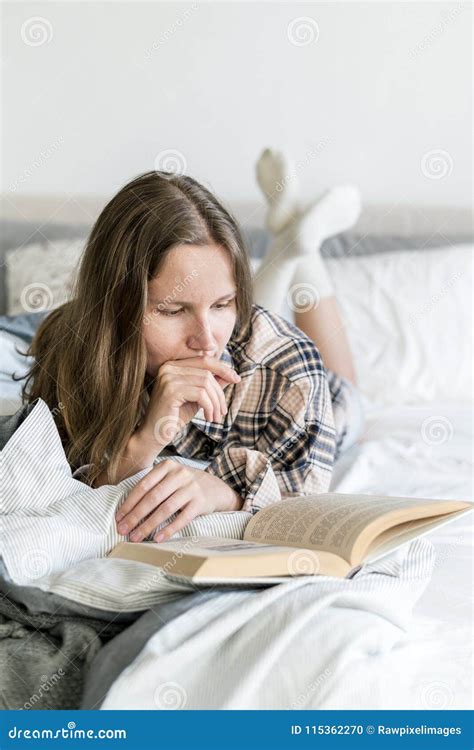 Caucasian Woman Reading Book in Bed Stock Photo - Image of european ...