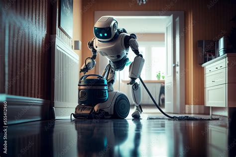 Humanoid robot with a vacuum cleaner doing domestic housework, showing science and artificial ...