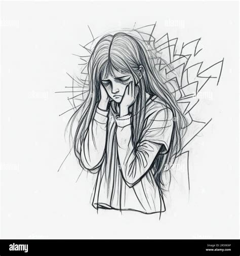 Cartoon draw with line art of young woman alone has a problem with Mental health, suffering from ...