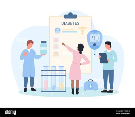 Diabetes medical checkup vector illustration. Cartoon tiny doctor characters monitor sugar blood ...