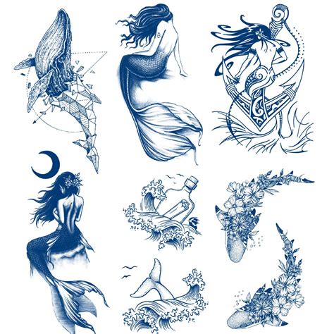 Buy Semi Permanent Mermaid Tattoos, 6-Sheet 100% -Based Ink Infinity Fake Shark Tattoo Stickers ...