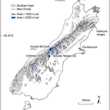 Extent of the Southern Alps on New Zealand's South Island, as defined... | Download Scientific ...