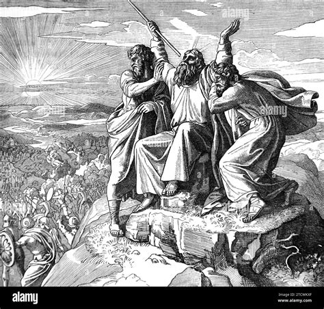 Illustration of Aaron and Hur Staying Moses Hands from Antique Bible -Aaron and Hur Sat Moses ...