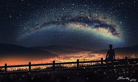 HD wallpaper: anime boy, scenic, landscape, cityscape, night, stars, sky | Wallpaper Flare