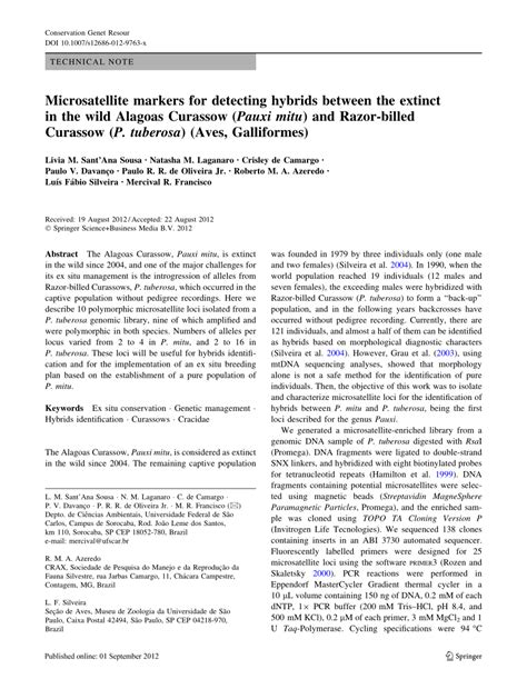 (PDF) Microsatellite markers for detecting hybrids between the extinct in the wild Alagoas ...