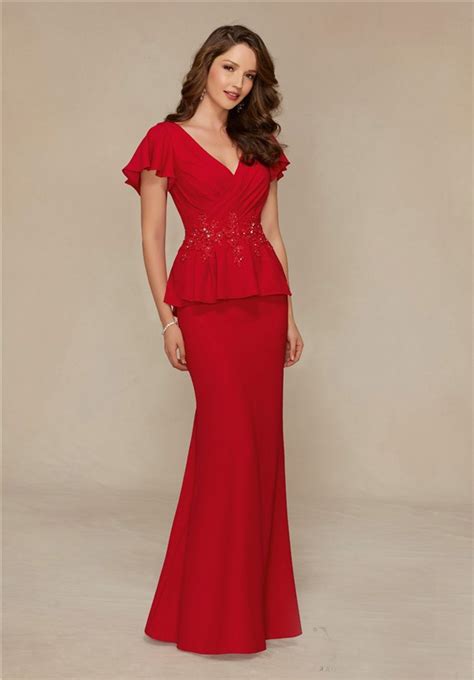 Fitted V Neck Flare Sleeve Red Chiffon Peplum Special Occasion Evening ...