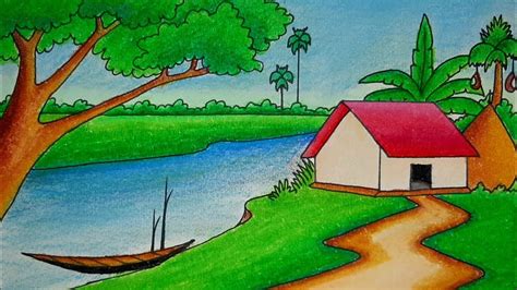 How To Draw Easy nature scenery with how to draw riverside landscape ...