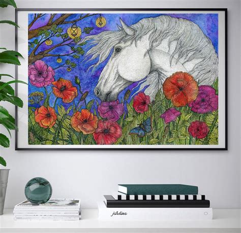 Horse wall art poppy wall art white horse print red poppies | Etsy