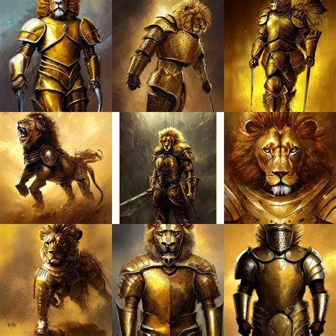 lion knight in golden shiny armor art by Daniel Dociu | Stable Diffusion