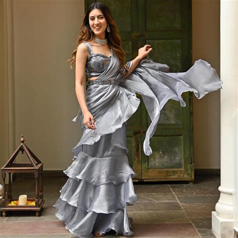 Grey Sequins Organza Ruffle Saree