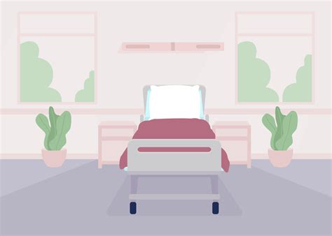 Comfortable ward for patient recovery flat color vector illustration. Hospital room interior ...