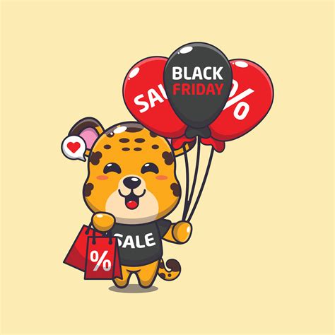 cute leopard with shopping bag and balloon at black friday sale cartoon ...