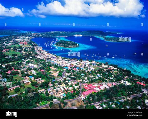 Aerial view over Port Vila, the capital of Vanuatu; Efate Island ...