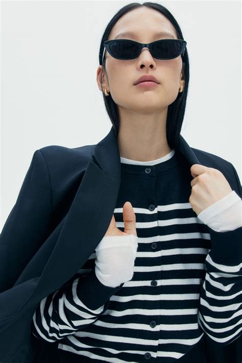 Fine-knit cardigan - Black/White striped| H&M CN