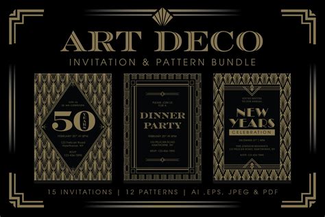 Art Deco Invitations and Patterns (423593) | Invitations | Design Bundles in 2020 | Art deco ...