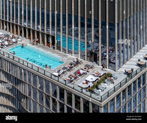 High angle view of outdoor pool on roof of the Equinox Hotel, 33 Hudson Yards, Manhattan, New ...