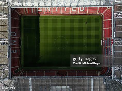 An aerial view of the pitch at Old Trafford stadium on August 31 ...