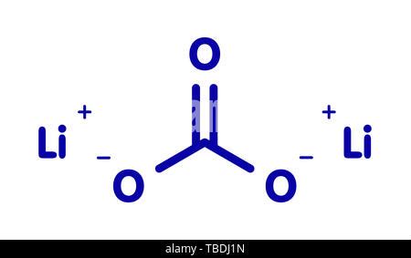 Lithium carbonate (Li2CO3) bipolar disorder drug molecule. Stylized ...