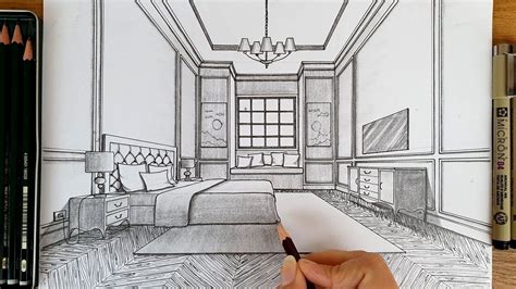 Drawing a Bedroom in One Point Perspective | Timelapse how to draw a bedroom in one point per ...