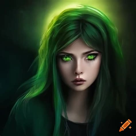Beautiful girl with fair skin, black-green hair, and blazing green eyes ...