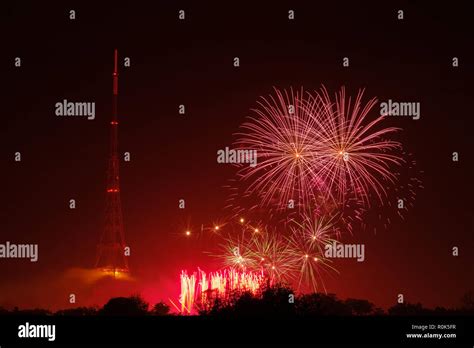 View of fireworks display, Crystal Palace park, and transmitting ...