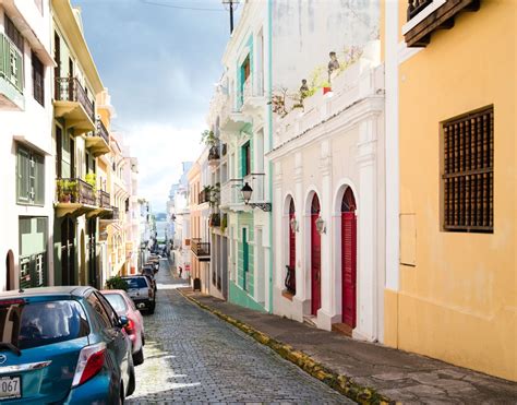 Colorful Spanish colonial buildings along an Old San Juan Puerto Rico ...