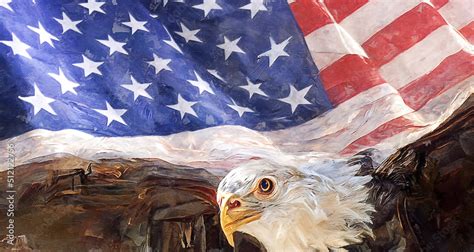 Eagle With American Flag Flies In Freedom. Digital Art Painting. Oil Paint Effect Stock ...