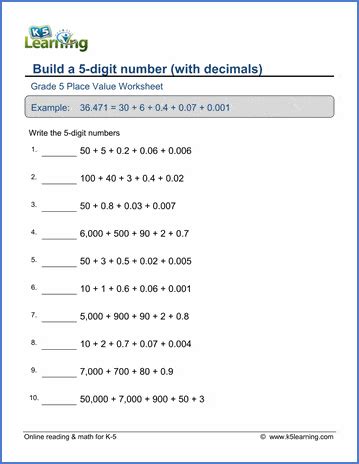 Place Value & Rounding Worksheets for Grade 5 | K5 Learning