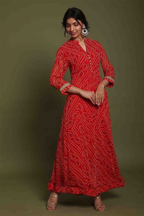 Red Bandhani Dress Set in Pure Georgette fabric with Gota Lace on ...