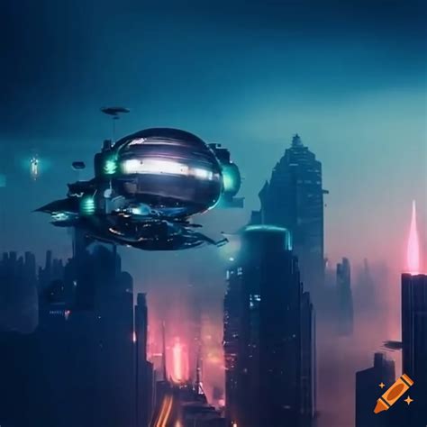 Futuristic cityscape with flying vehicles on Craiyon