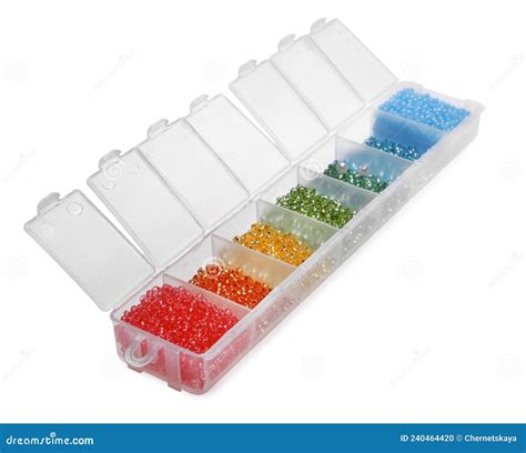 Plastic Organizer with Different Beads on White Background Stock Photo ...