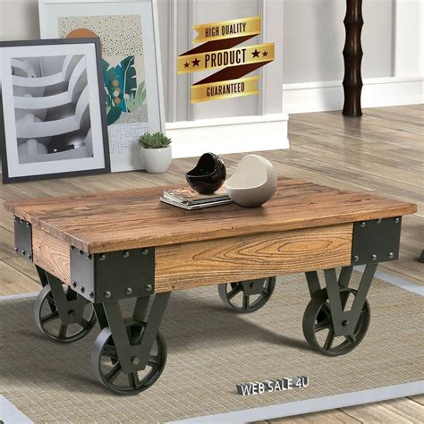 Industrial Solid Wood Coffee Table Rustic Metal Wheels Country Accent Shelf US | eBay | Coffee ...