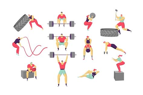 Premium Vector | Cross fit people training, cartoon characters workout, set on white, illustration