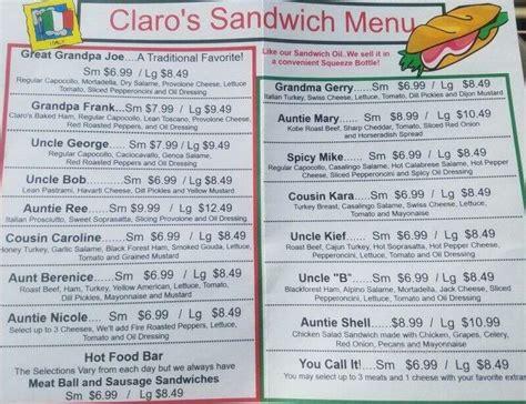 Online Menu of Claro's Italian Markets, Upland, CA