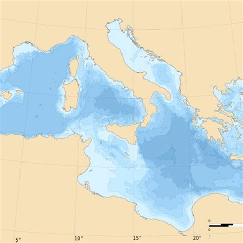 Bathymetric map of the Mediterranean Sea. The image was obtained via ...