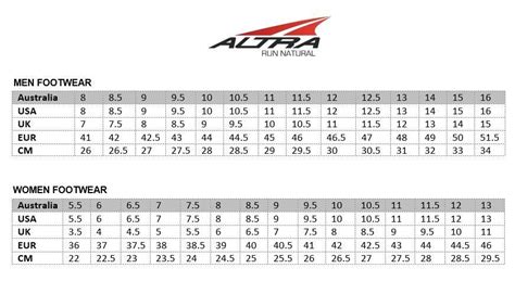 Altra Size Chart: A Visual Reference of Charts | Chart Master